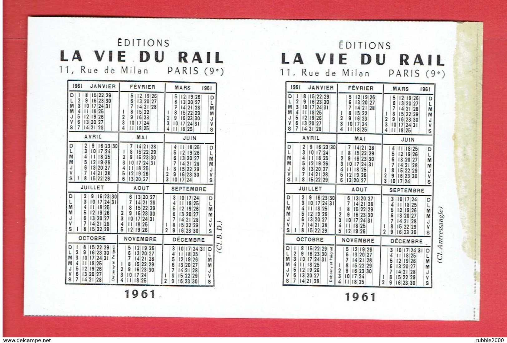 CALENDRIER 1961 PUBLICITE EDITIONS LA VIE DU RAIL CHEMIN DE FER FRANCAIS - Petit Format : 1961-70