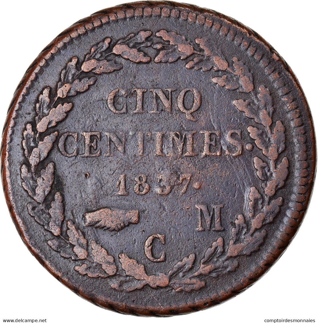 Monnaie, Monaco, Honore V, 5 Centimes, Cinq, 1837, Monaco, Grosse Tête, TB - Charles III.