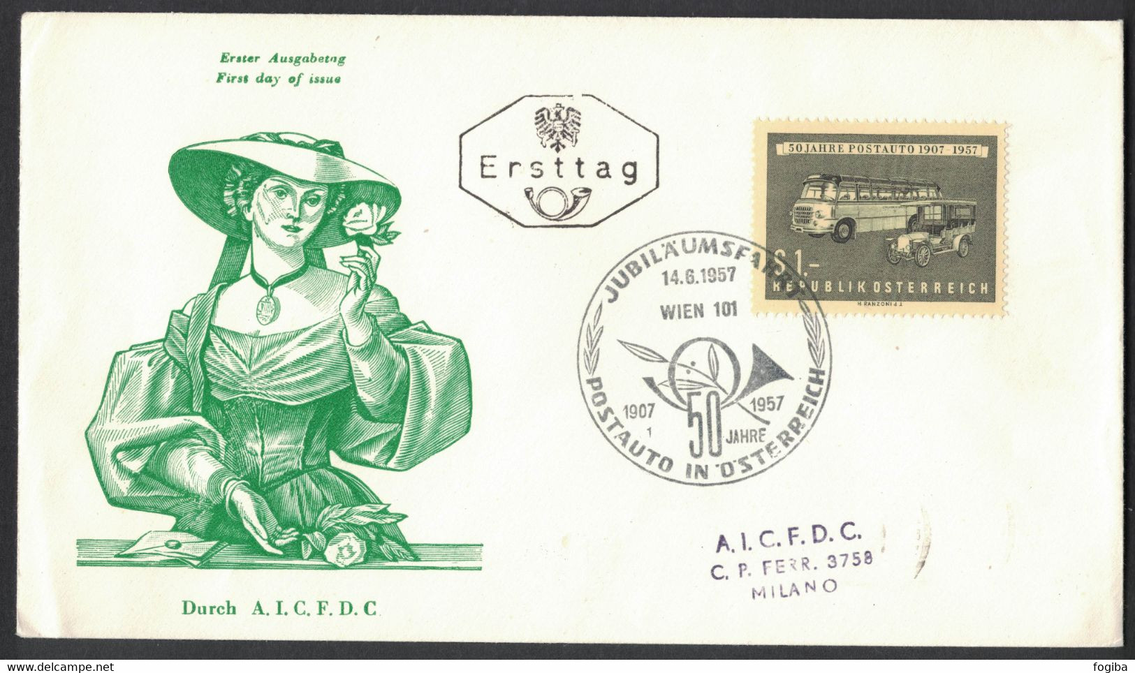 LA619   Ersttag Brief 50 Jahre Postauto 1957 - FDC