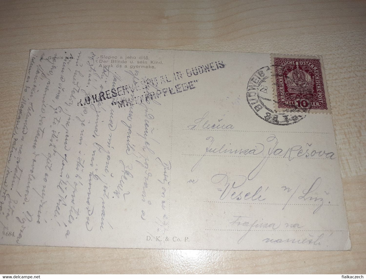 Postcard - Blinde Und Sein Kind, 1917, WWI., Stamp Budweis, Budějovice, Militarpflege In Budweis, Reservespital - ...-1918 Prephilately