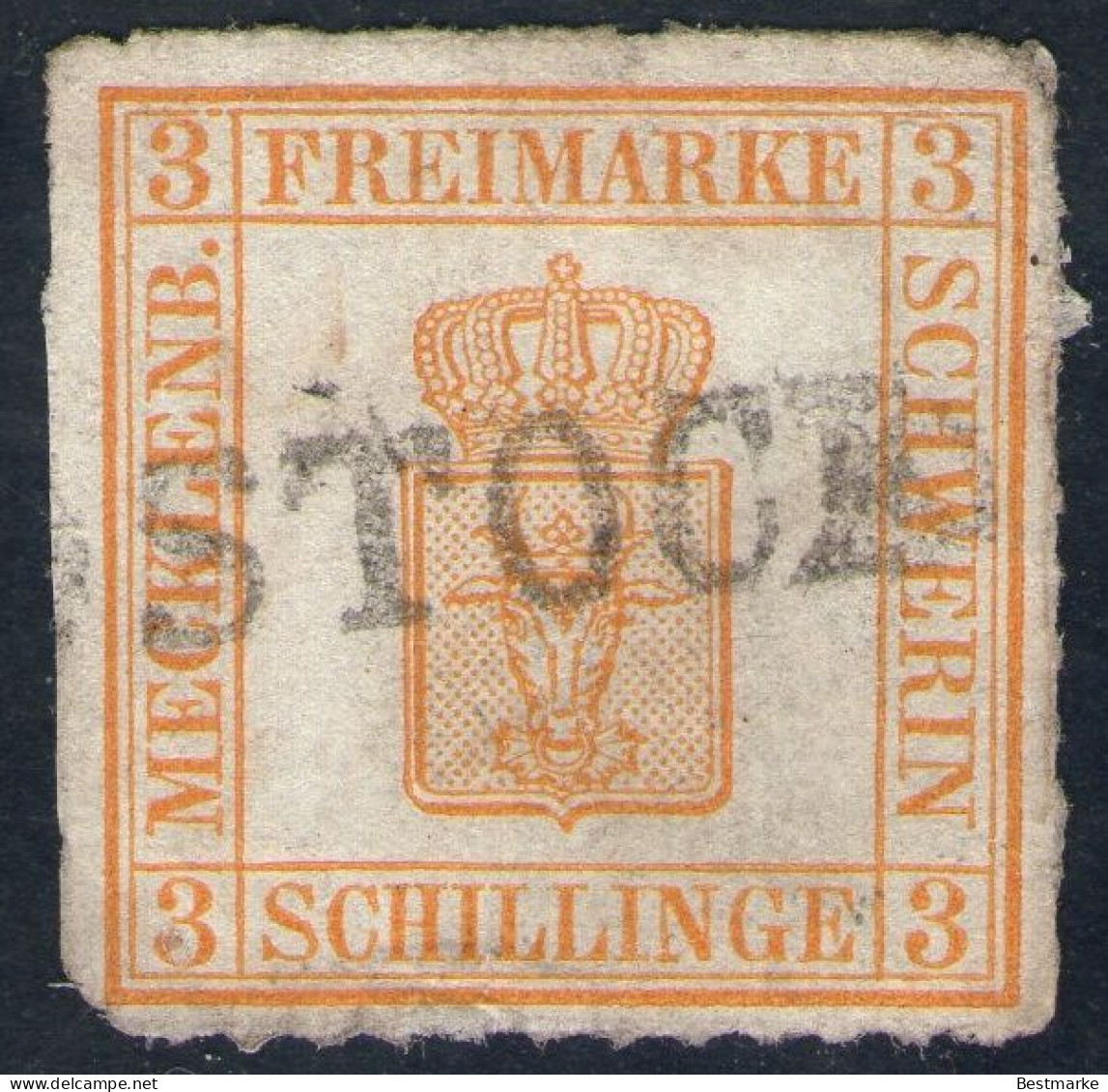 L1 ROSTOCK Auf 3 Shilling Gelborange - Schwerin Nr. 7 I Mit Abart - Mecklenbourg-Schwerin