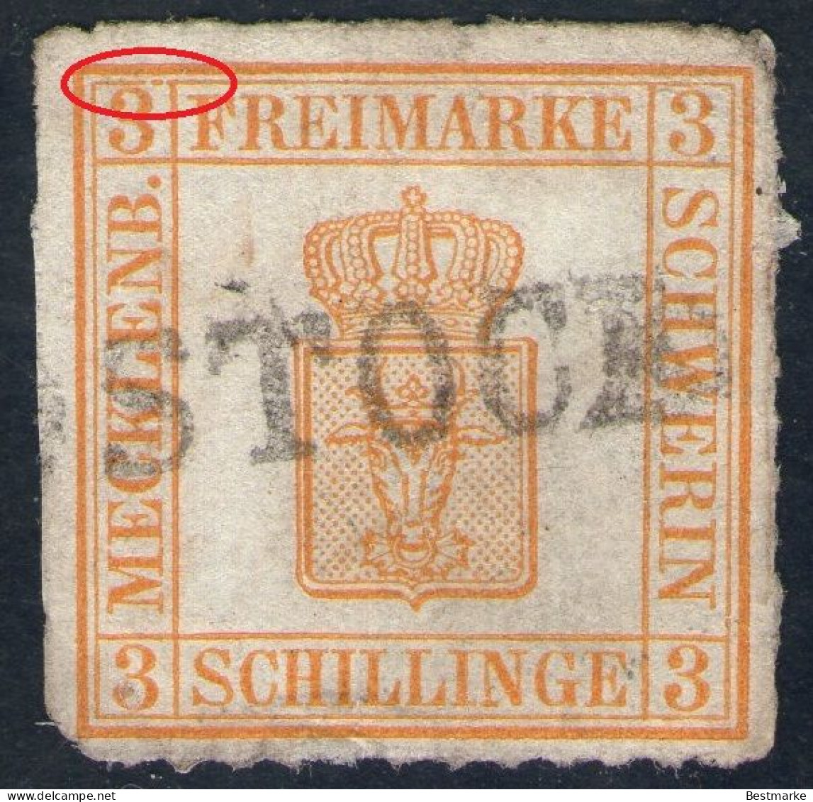 L1 ROSTOCK Auf 3 Shilling Gelborange - Schwerin Nr. 7 I Mit Abart - Mecklenburg-Schwerin