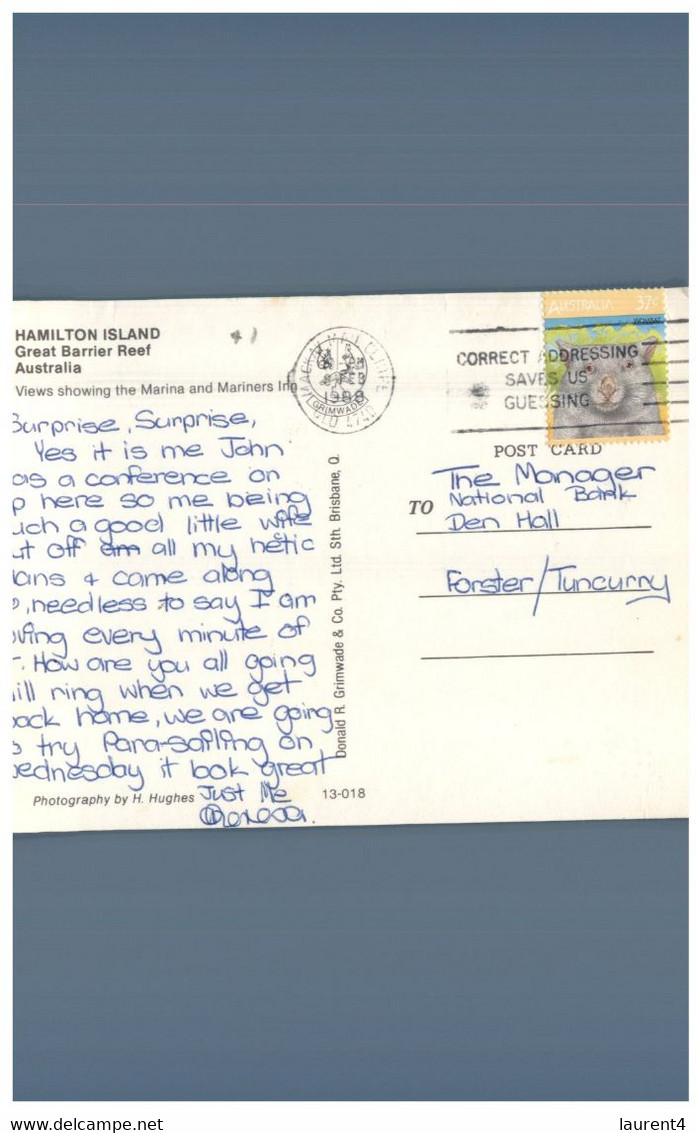 (U 11) Australia - QLD - Hamilton Island Mariners Inn (13-018) With Wombat Stamp - Great Barrier Reef