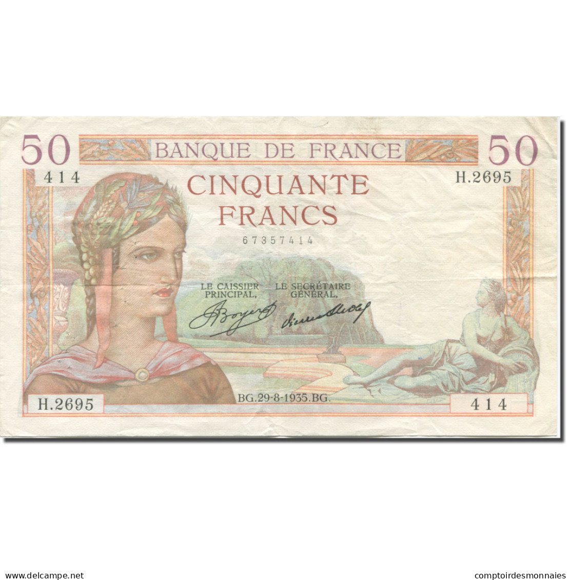 France, 50 Francs, Cérès, 1933, 1935-08-29, TB+, Fayette:17.15, KM:81 - 50 F 1934-1940 ''Cérès''