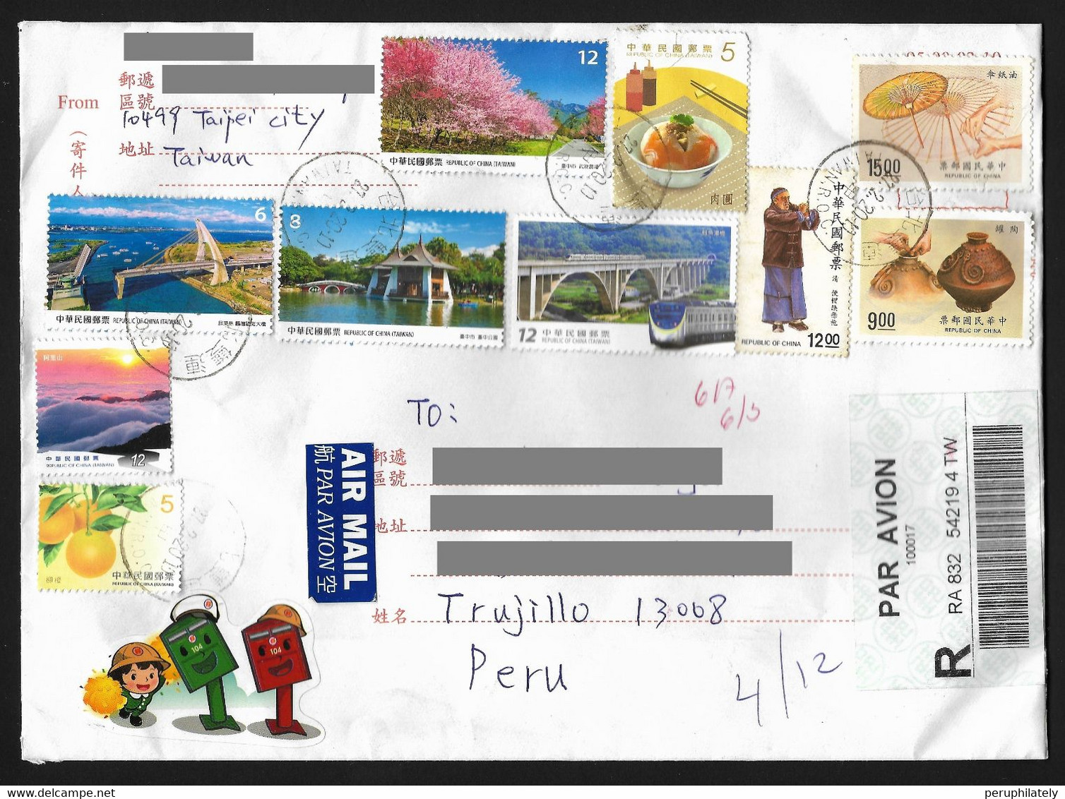 Taiwan Registered Cover With Bridge , Train , Food , Pottery Recent Stamps Sent To Peru - Covers & Documents