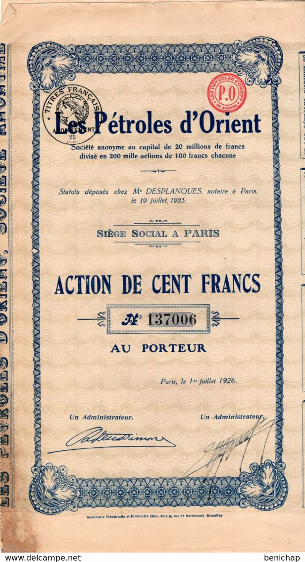 Action De 100 Francs - Titre Francais - Les Pétroles D'Orient - Paris 1926. - Pétrole