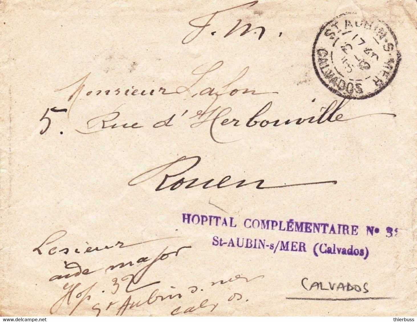 France Lettre Franchise Militaire Calvados Hopital Complémentaire 32 Saint Aubin Sur Mer 1915 - WW I