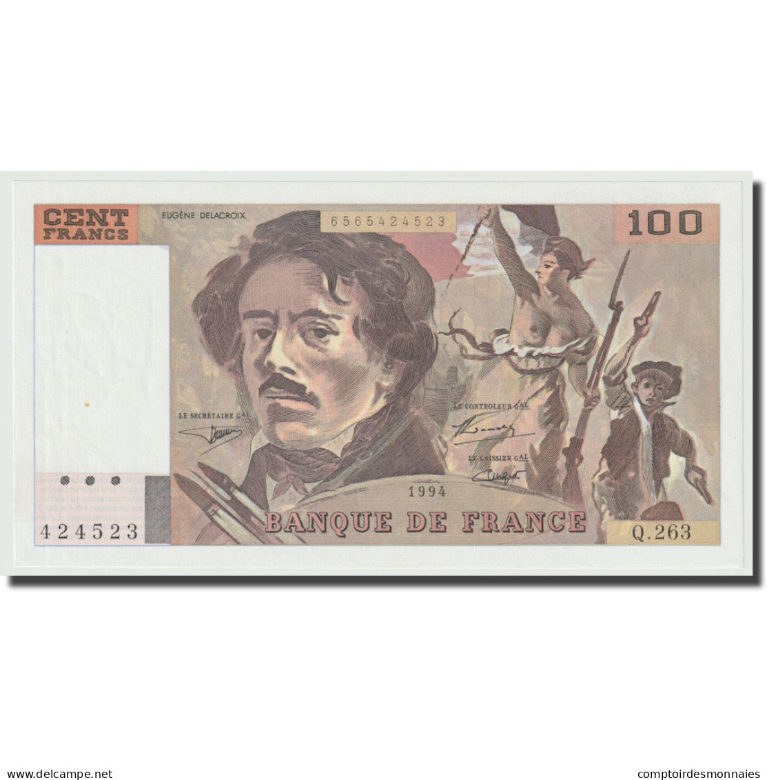 France, 100 Francs, Delacroix, 1994, SPL+, Fayette:69ter.1b, KM:154h - 100 F 1978-1995 ''Delacroix''