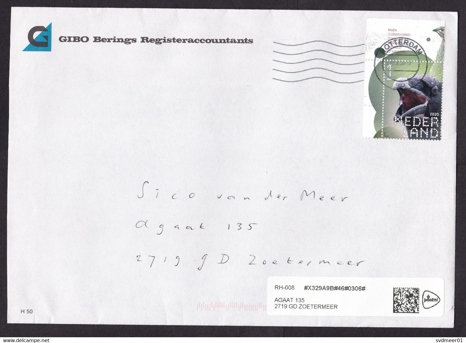 Netherlands: Cover, 2020, 1 Stamp + Tab, Raven Bird, Animal, Small Sorting Label Redirected (traces Of Use) - Covers & Documents