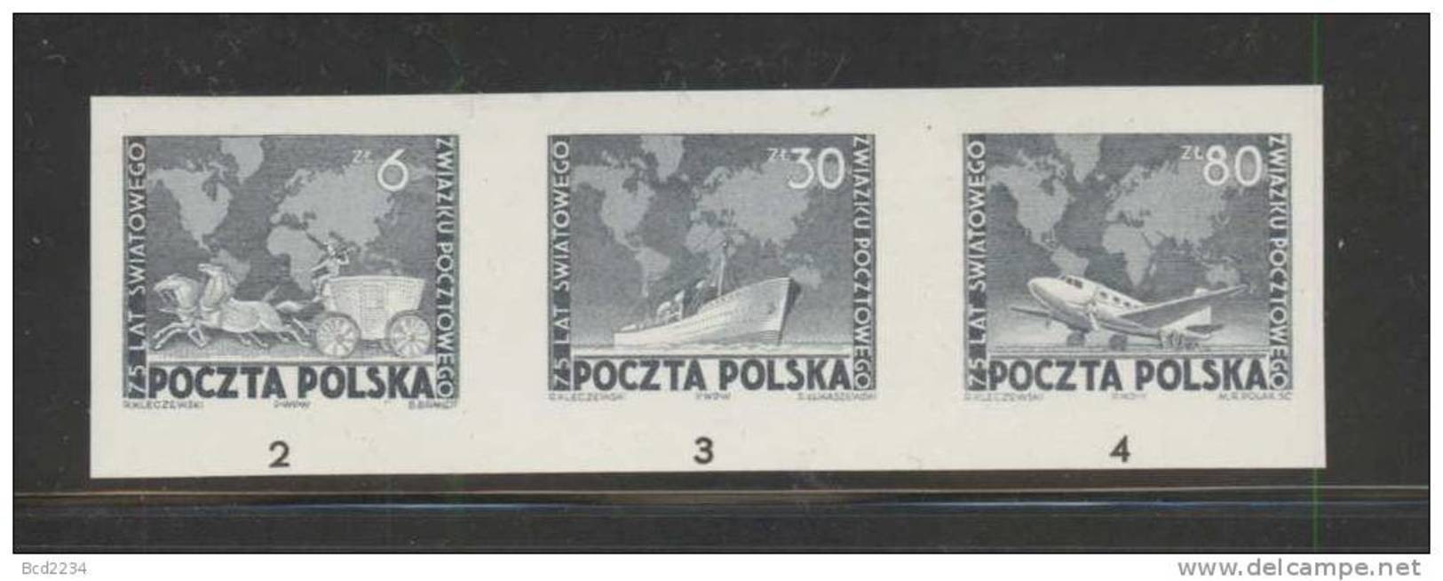 POLAND 1949 75TH ANNIV OF UPU STRIP OF 3 BLACK PROOFS NHM (NO GUM) MAPS PLANES SHIPS HORSES CARRIAGES - Probe- Und Nachdrucke