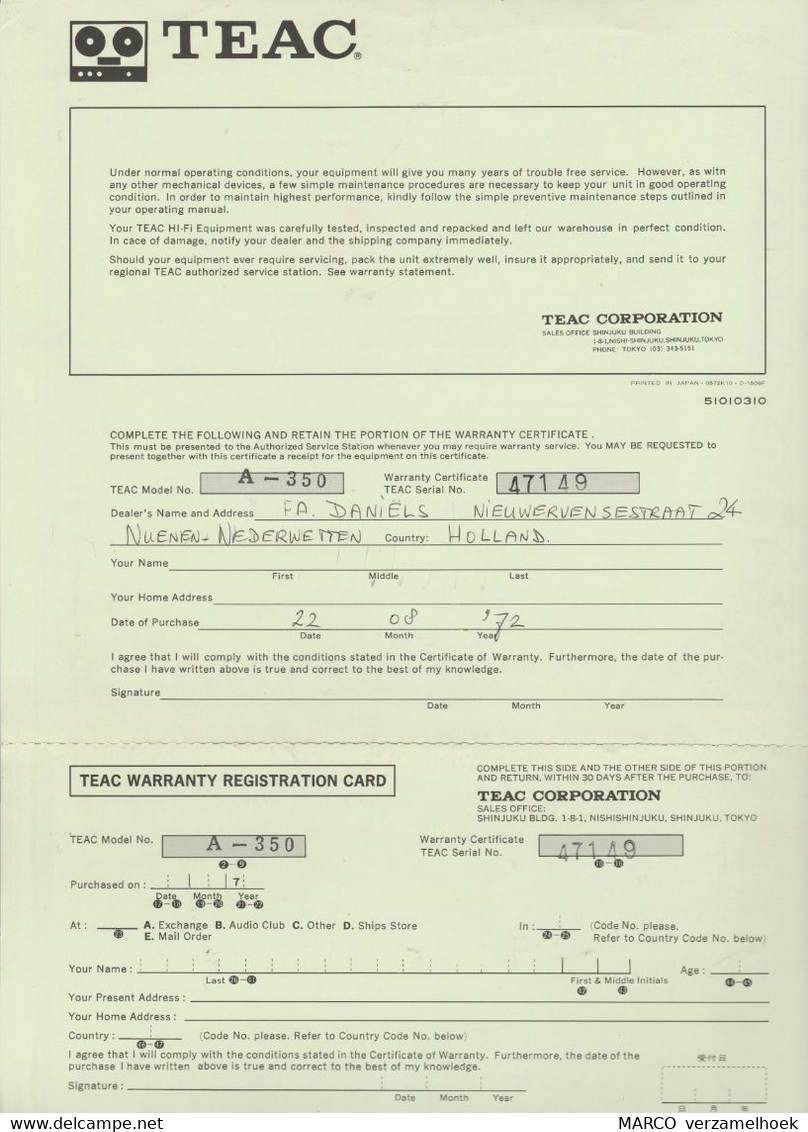 Handleiding-user Manual TEAC Europe Nv Amsterdam (NL) 1972 - Libri & Schemi