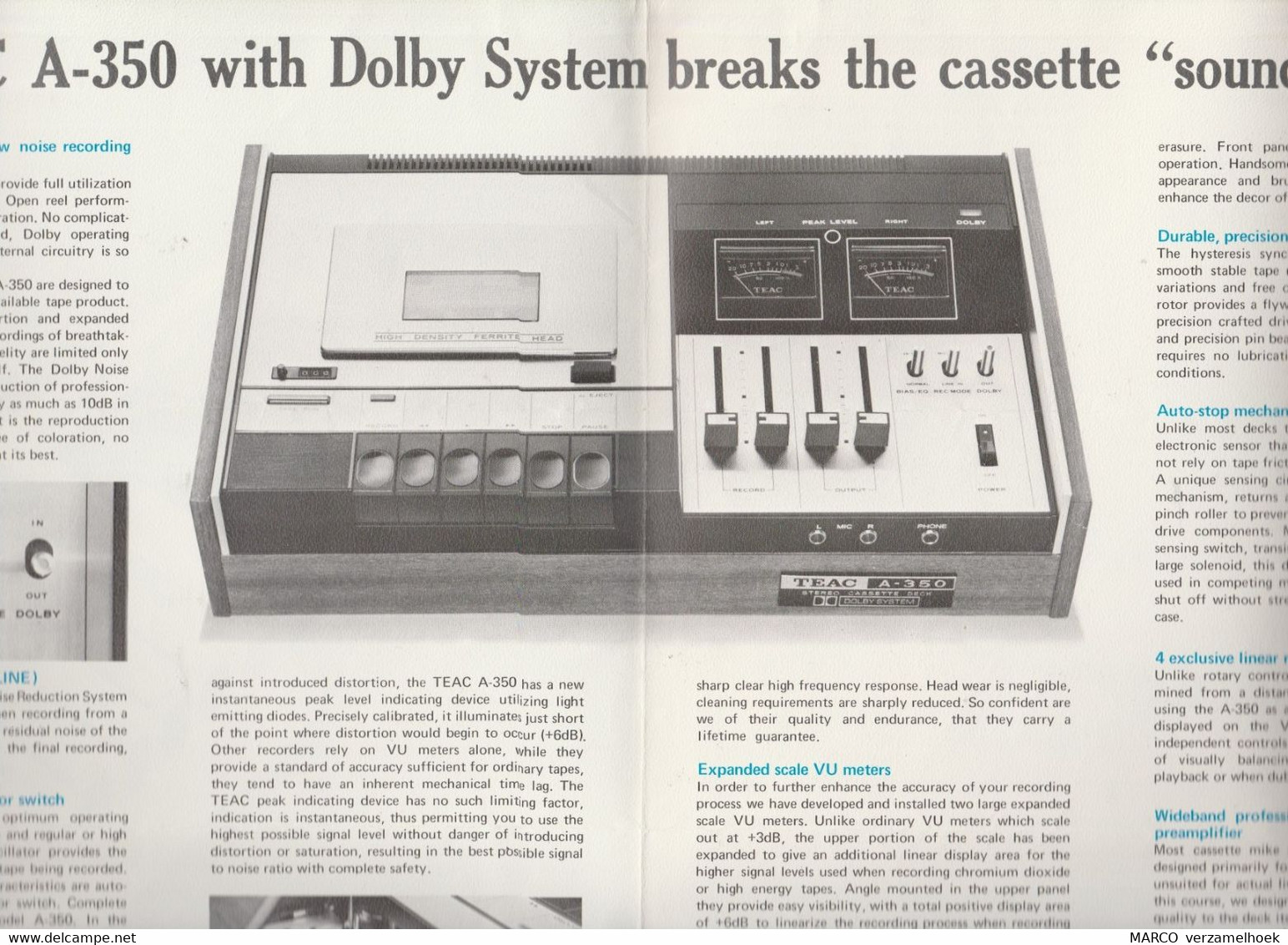 Handleiding-user Manual TEAC Europe Nv Amsterdam (NL) 1972 A-350 Stereo Cassette Deck - Littérature & Schémas