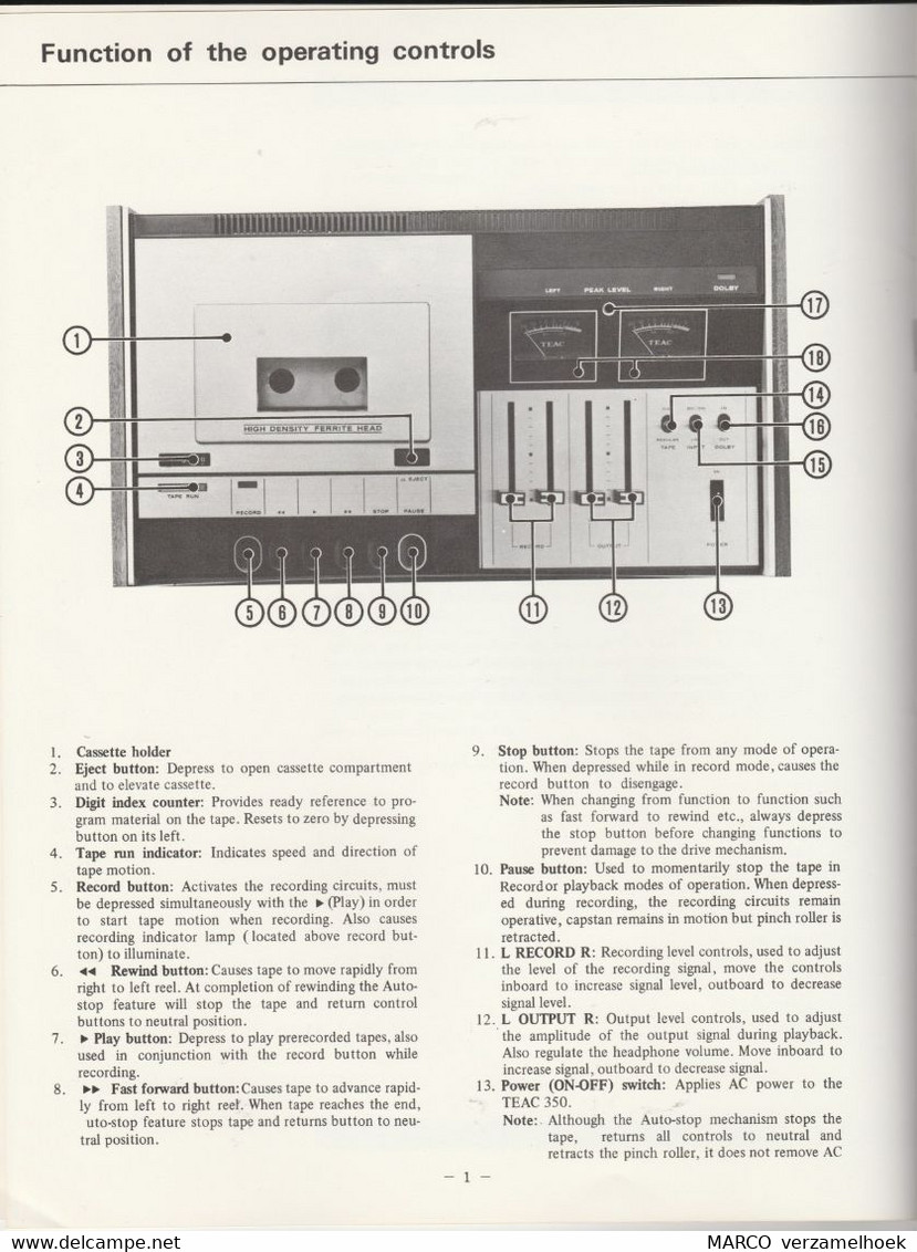 Handleiding-user Manual TEAC Europe Nv Amsterdam (NL) 1972 A-350 Stereo Cassette Deck - Libros Y Esbozos