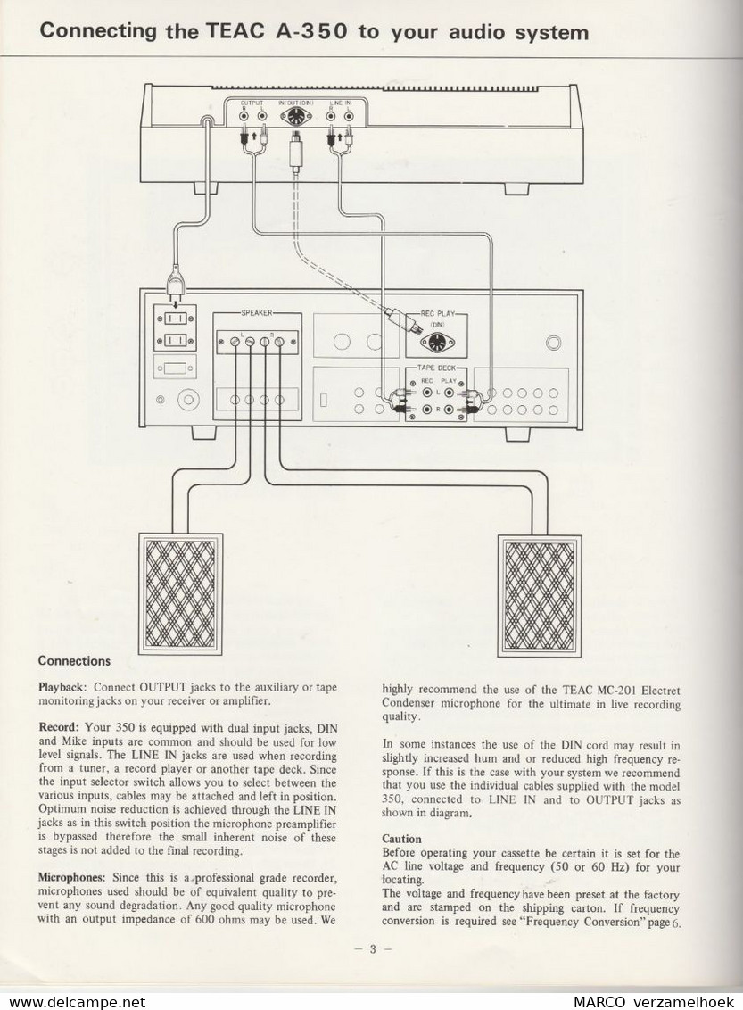 Handleiding-user Manual TEAC Europe Nv Amsterdam (NL) 1972 A-350 Stereo Cassette Deck - Libros Y Esbozos