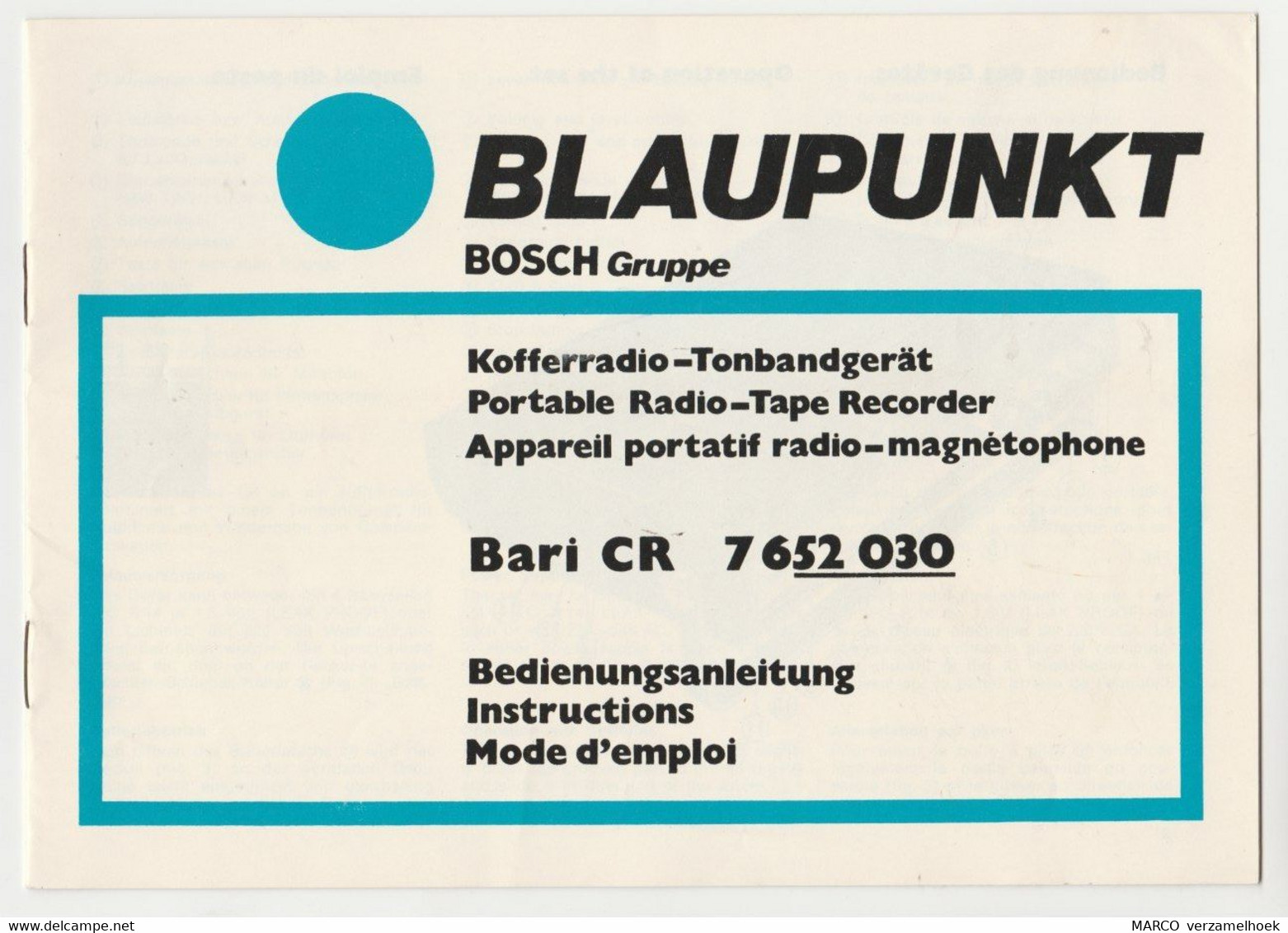 Handleiding-user Manual BLAUPUNKT Werke Gmbh Hildesheim (D) Kofferradio Bari CR 7652 030 - Libros Y Esbozos