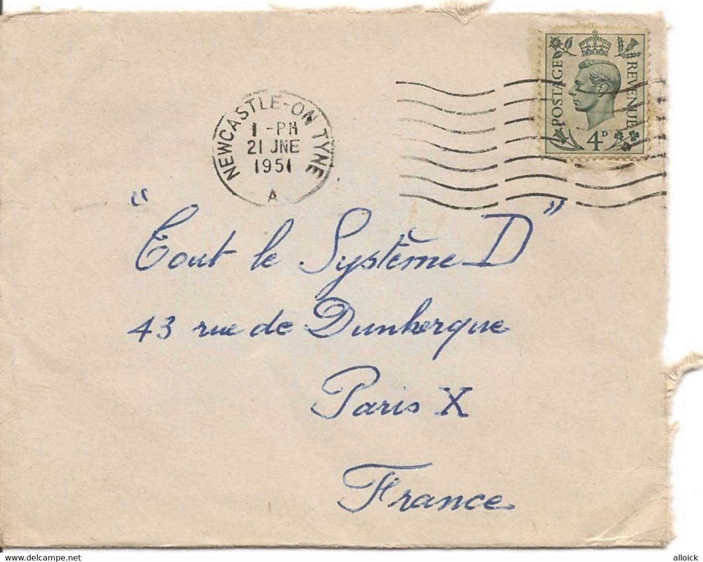 1951 - George VI 4d Sur Lettre Du 21 Juin 1951 De Newcastle-on-Tyne Pour Paris - Unclassified