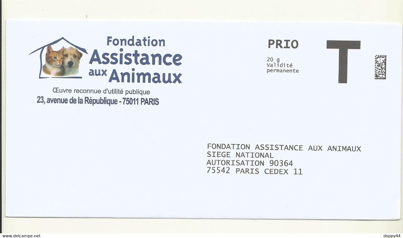 ENVELOPPE T  THEME FONDATION ASSISTANCE  AUX ANIMAUX . - Cartes/Enveloppes Réponse T