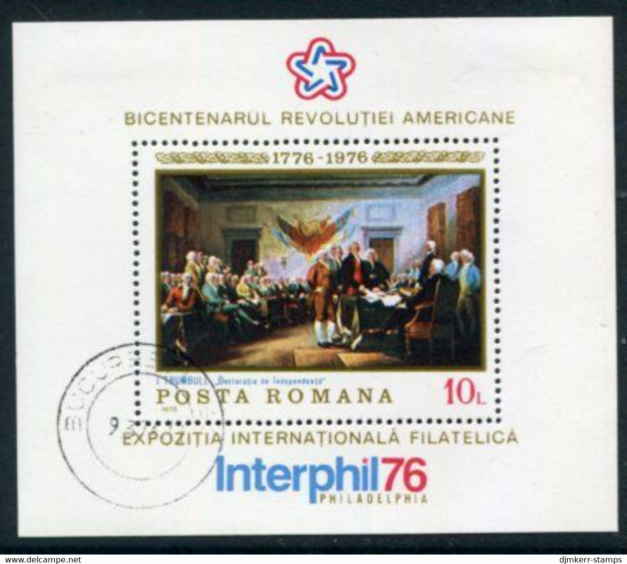 ROMANIA 1976 Bicentenary Of American Independence Block Used.  Michel Block 130 - Blocs-feuillets