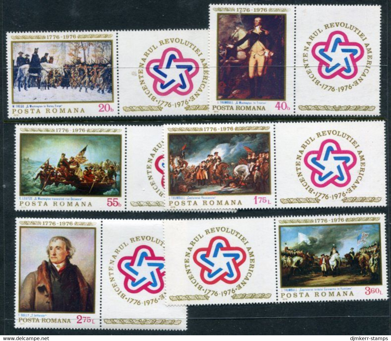 ROMANIA 1976 Bicentenary Of American Independence With Labels MNH  / **.  Michel 3320-25 Zf - Nuevos