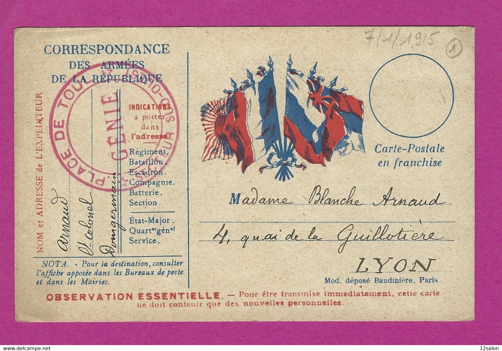 CARTE EN FRANCHISE MILITAIRE GENIE PLACE DE TOUL POUR LYON - Guerra De 1914-18