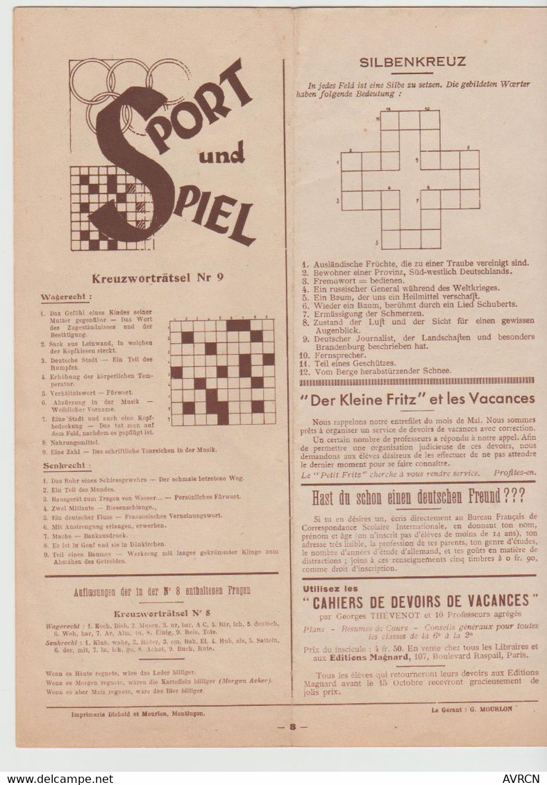 JOURNAL PRESSE LOCALE  Le Petit Fritz  Der Klein-Fritz. N° 9 JUIN 1939 Montluçon, - Kinder- En Jeugdtijdschriften