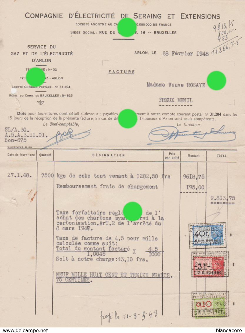 Cie D'Electricité De SERAING Et Extensions 1948 Facture Pour Charbon Fourni - Elektrizität & Gas