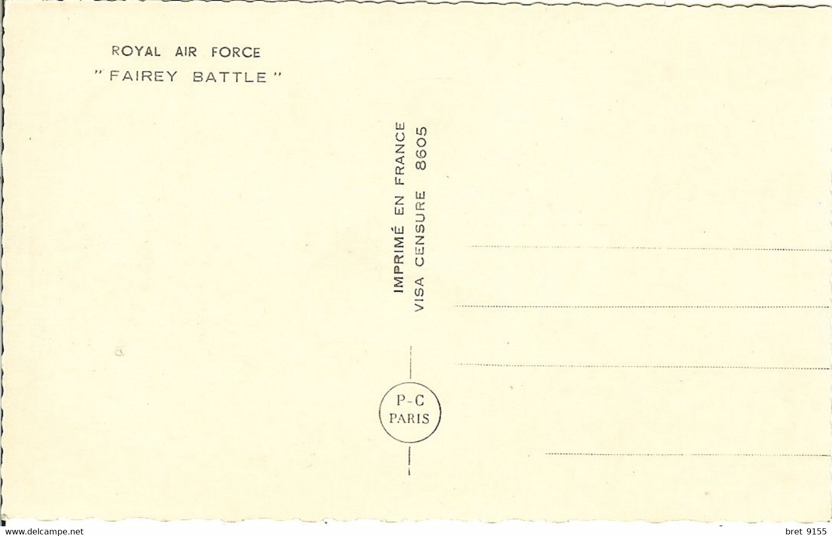 AVIATION AVION ROYAL AIR FORCE FAIREY BATTLE VISA CENSURE 8605 - 1939-1945: 2nd War