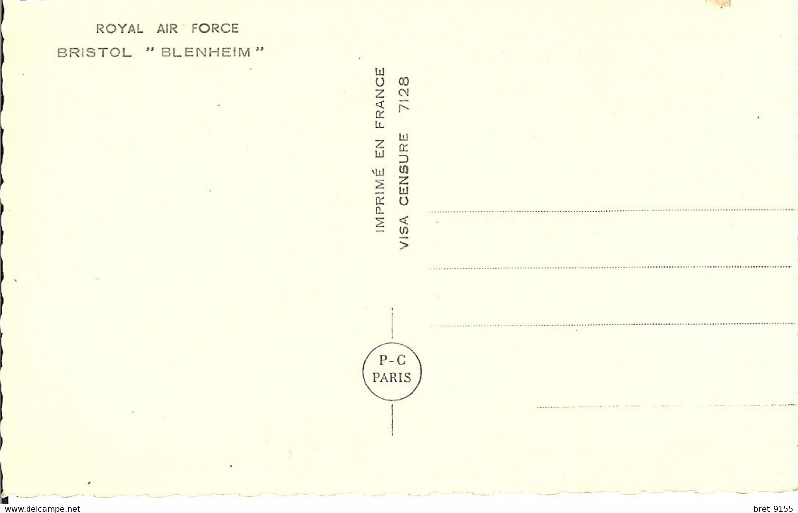 AVIATION AVION ROYAL AIR FORCE BRISTOL BLENHEIM VISA CENSURE 7128 - 1939-1945: 2nd War