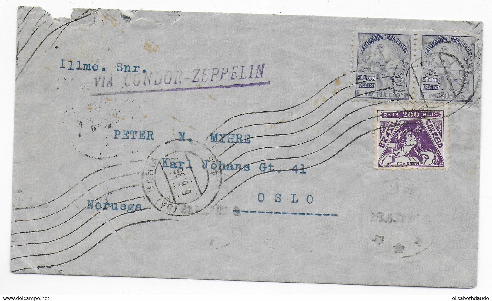 BRAZIL - 1935 - POSTE AERIENNE CONDOR - ZEPPELIN ! - ENVELOPPE Par AVION  De BAHIA => OSLO (NORVEGE) ! BUREAU AMBULANT ! - Lettres & Documents