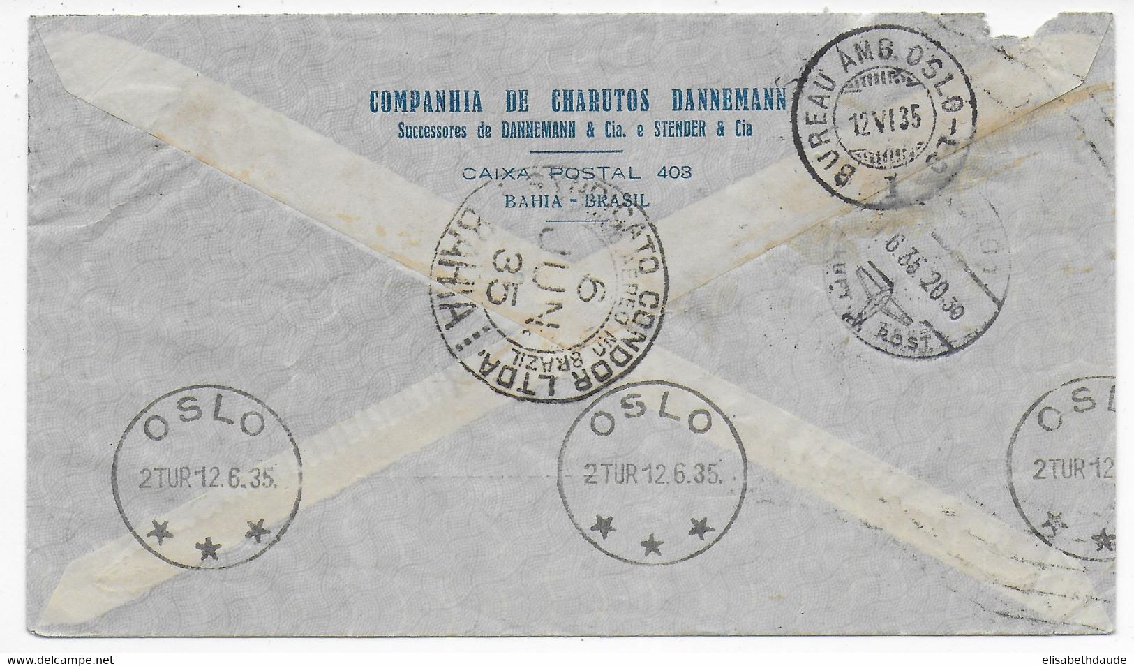 BRAZIL - 1935 - POSTE AERIENNE CONDOR - ZEPPELIN ! - ENVELOPPE Par AVION  De BAHIA => OSLO (NORVEGE) ! BUREAU AMBULANT ! - Storia Postale
