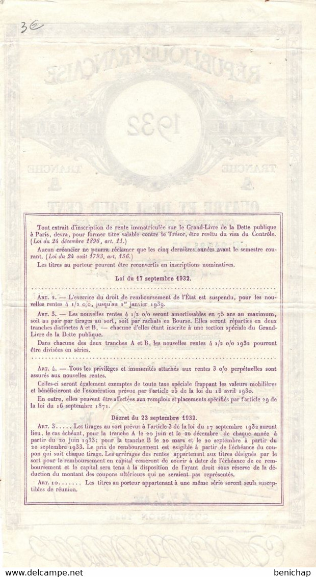 République Française - Dette Publique - Tranche A - PARIS LE 2 NOVEMBRE 1932. - Banque & Assurance