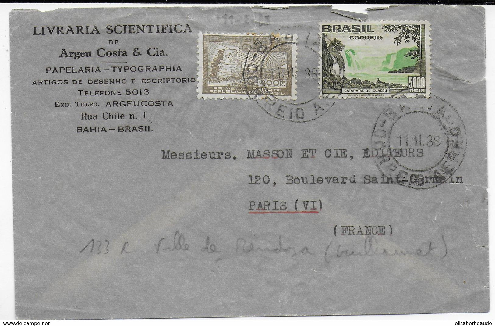 BRAZIL - 1938 - POSTE AERIENNE  - ENVELOPPE Par AVION  De BAHIA => PARIS - Covers & Documents