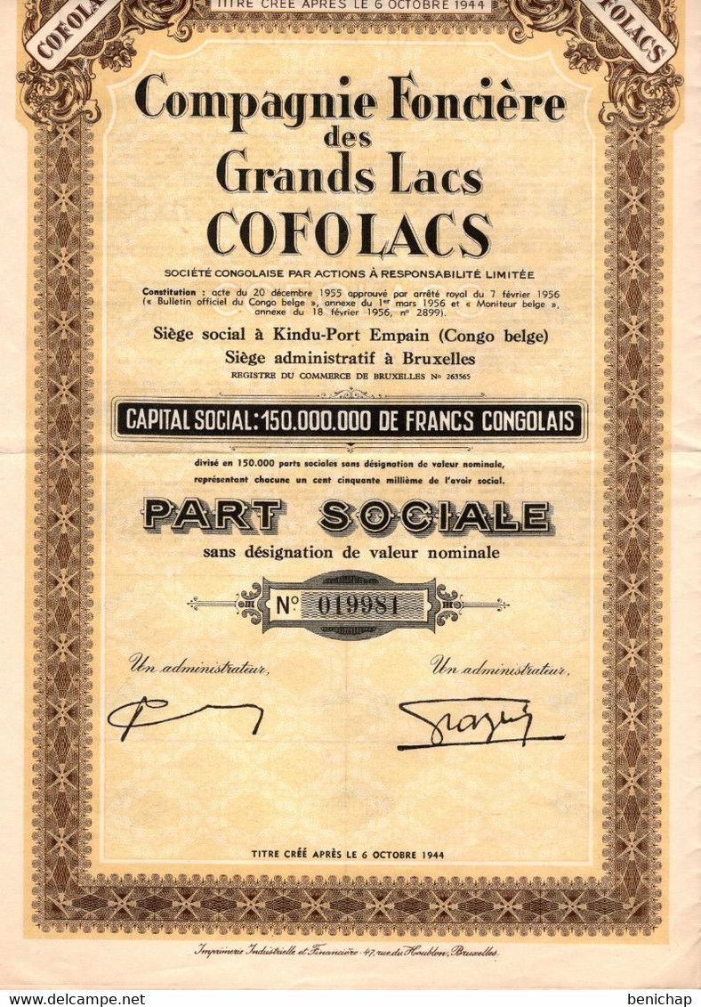 Part Sociale - Compagnie Foncière Des Grands Lacs COFOLACS - Kindu-Port Empain - Congo Belge - Bruxelles 1956. - Afrique
