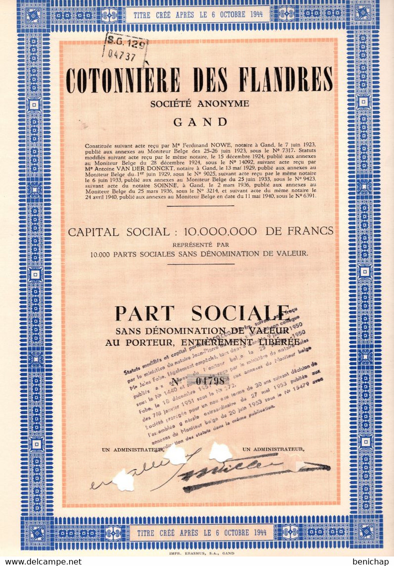 Part Sociale Au Porteur - Cotonnière Des Flandres S.A. - Gand 1940. - Agricultura