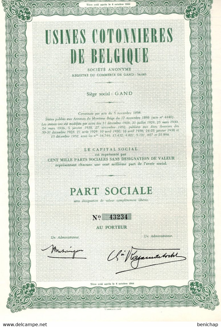 Part Sociale Au Porteur - Usines Cotonnières De Belgique S.A. - Gand 1952. - Agriculture