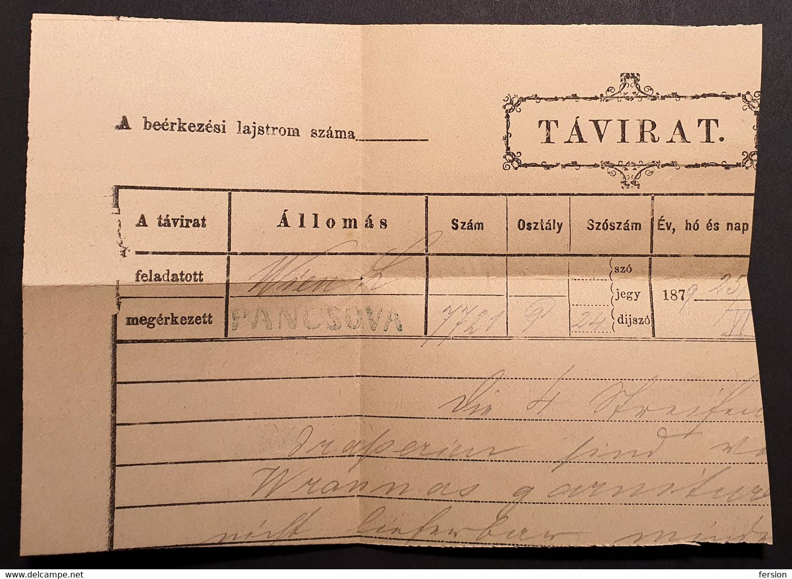 TELEGRAPH Telegram - POSTAL CLOSE Label Vignette - 1879 HUNGARY Serbia Banat PANCEVO PANCSOVA - Form Cut - Telegraaf