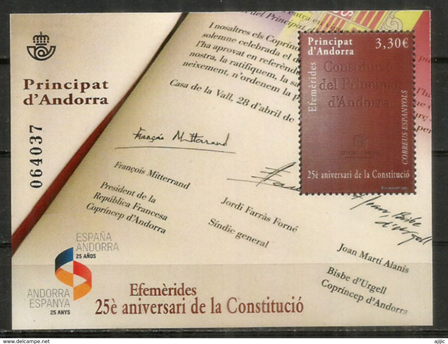 Constitution D'Andorre Année 2018. Un Bloc-feuillet Neuf **, Haute Faciale.   Signature Francois Mitterrand.AND FR - Hojas Bloque