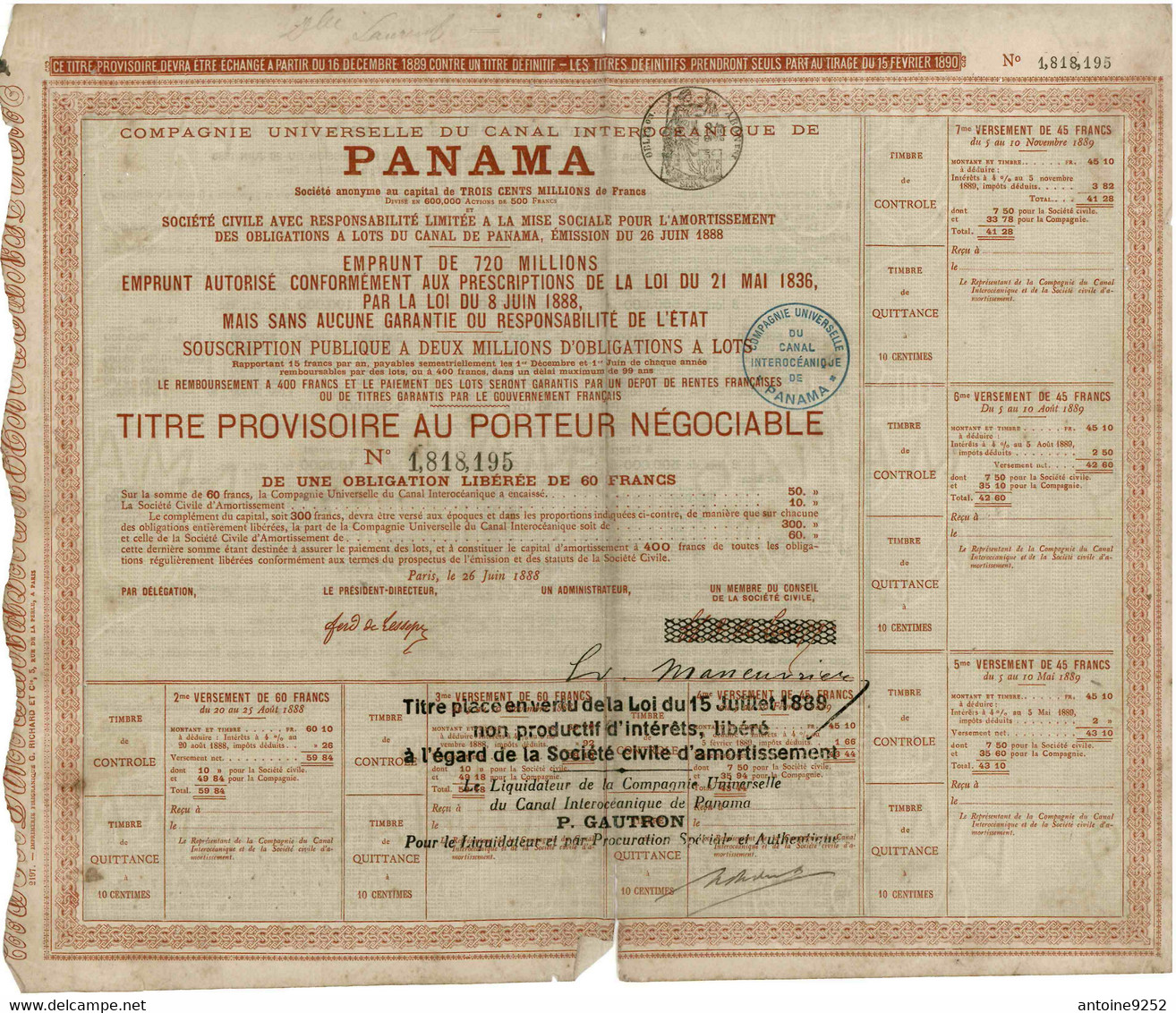Compagnie Universelle Du Canal Interocéanique De Panama 1 818 195 - Navigation