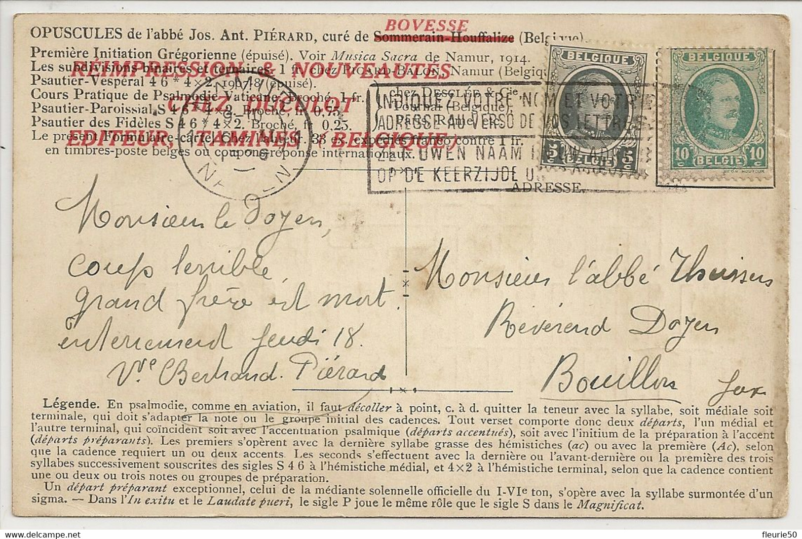 Carte Postale ENTIER POSTAL Date Illisible Vers Révérend Doyen De Bouillon. Formulaire Complet De La Psalmodie Vaticane. - Variétés/Curios.