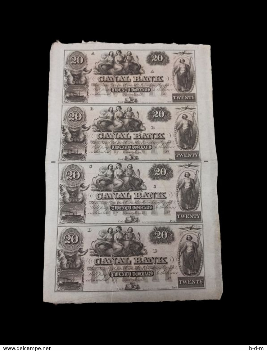 Estados Unidos United States Of America 20 Dollars Canal Bank 1850`s Uncut Sheet - Valuta Van De Bondsstaat (1861-1864)