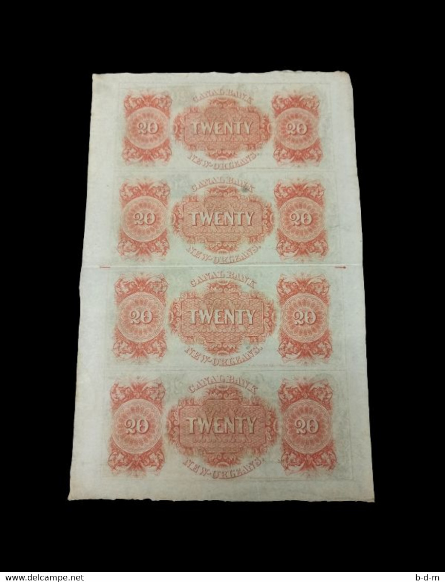Estados Unidos United States Of America 20 Dollars Canal Bank 1850`s Uncut Sheet - Confederate (1861-1864)