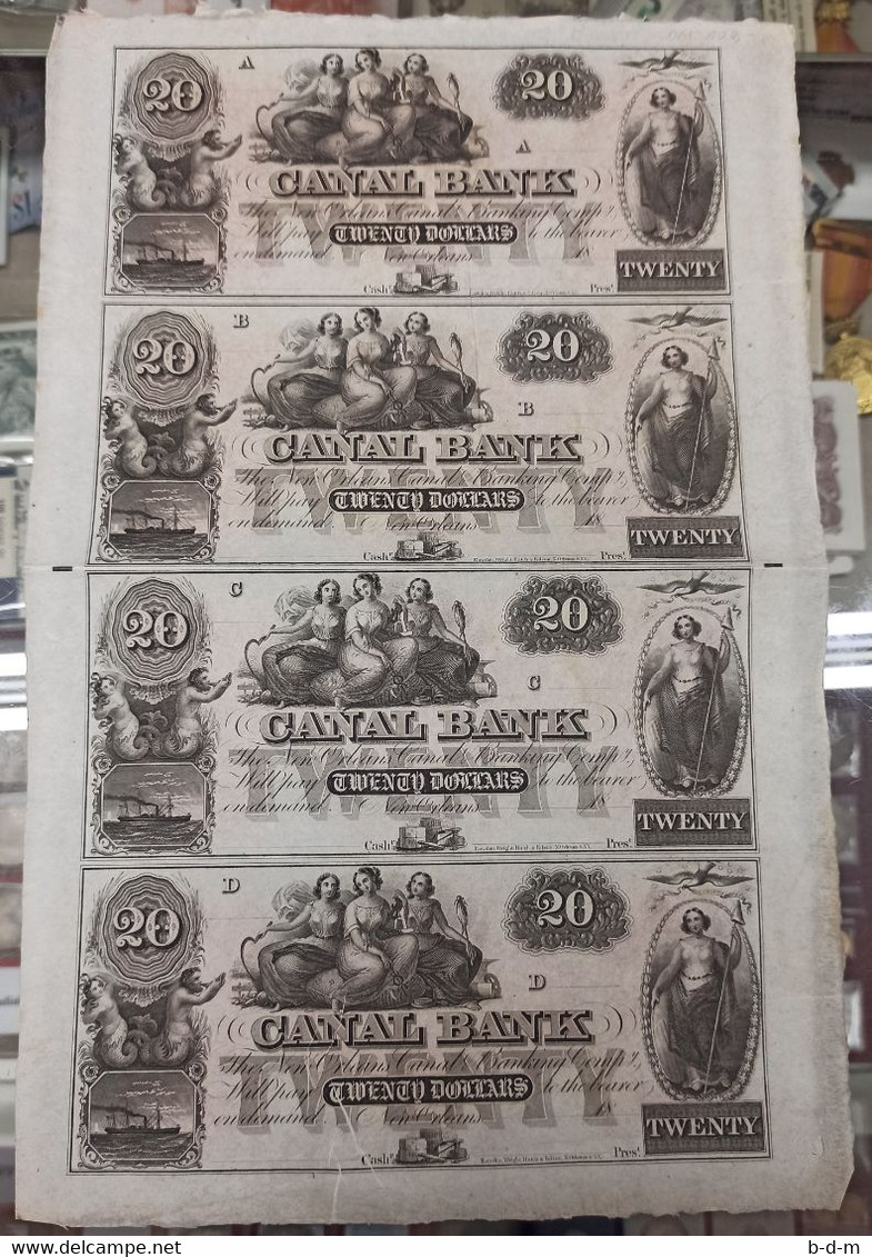 Estados Unidos United States Of America 20 Dollars Canal Bank 1850`s Uncut Sheet - Confederate Currency (1861-1864)