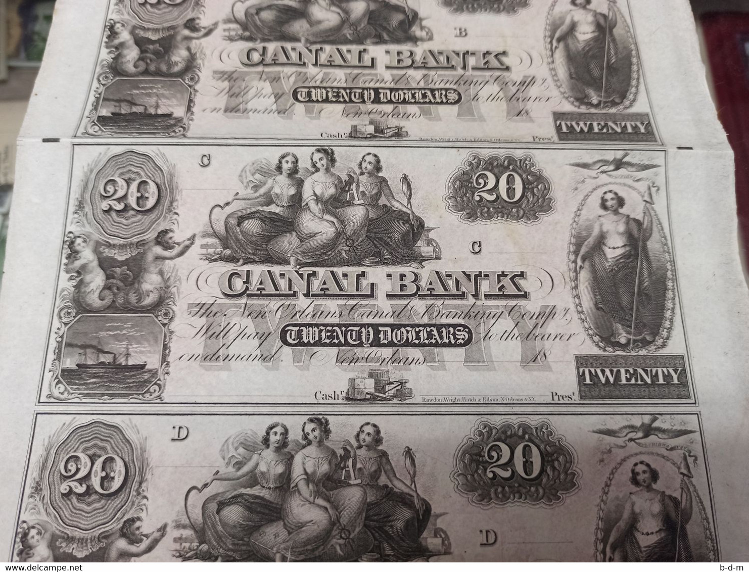 Estados Unidos United States Of America 20 Dollars Canal Bank 1850`s Uncut Sheet - Divisa Confederada (1861-1864)