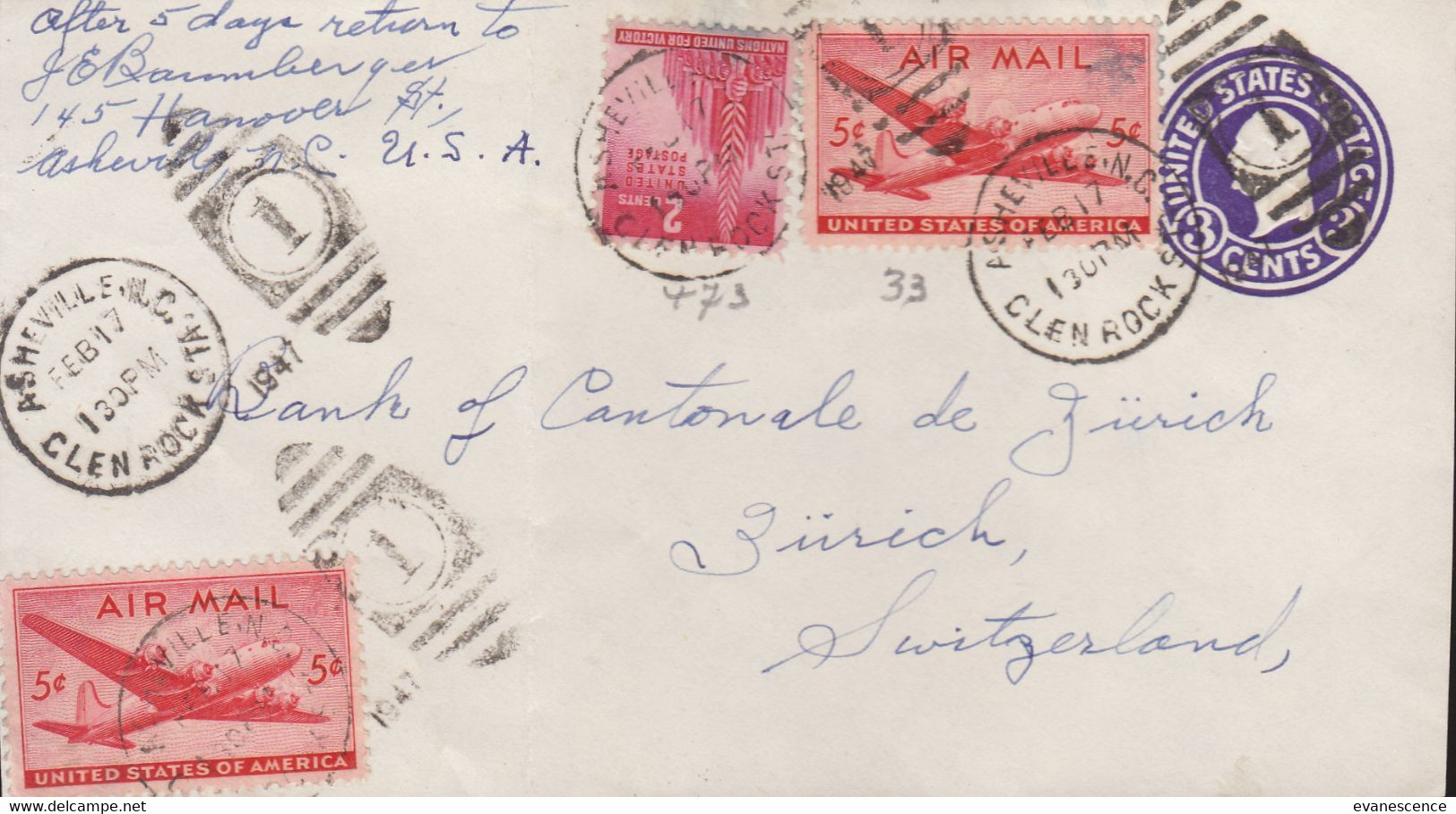 Départ De Asheville : Timbres , Entier Postal Et Tampons Pour La Suisse    ///   Ref. Nov. 20 - Asheville