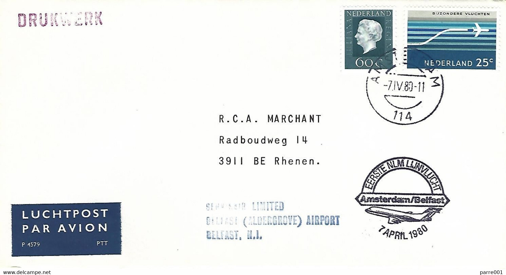 Netherlands 1980 Amsterdam Belfast NLM FFC Cover - Northern Ireland