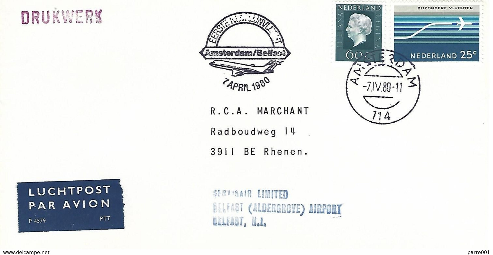 Netherlands 1980 Amsterdam Belfast NLM FFC Cover - Poste Aérienne