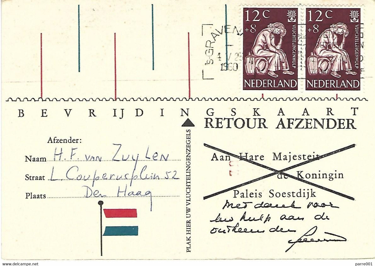 Netherlands 1960 The Hague Refugee Year Help Card To Queen - Réfugiés