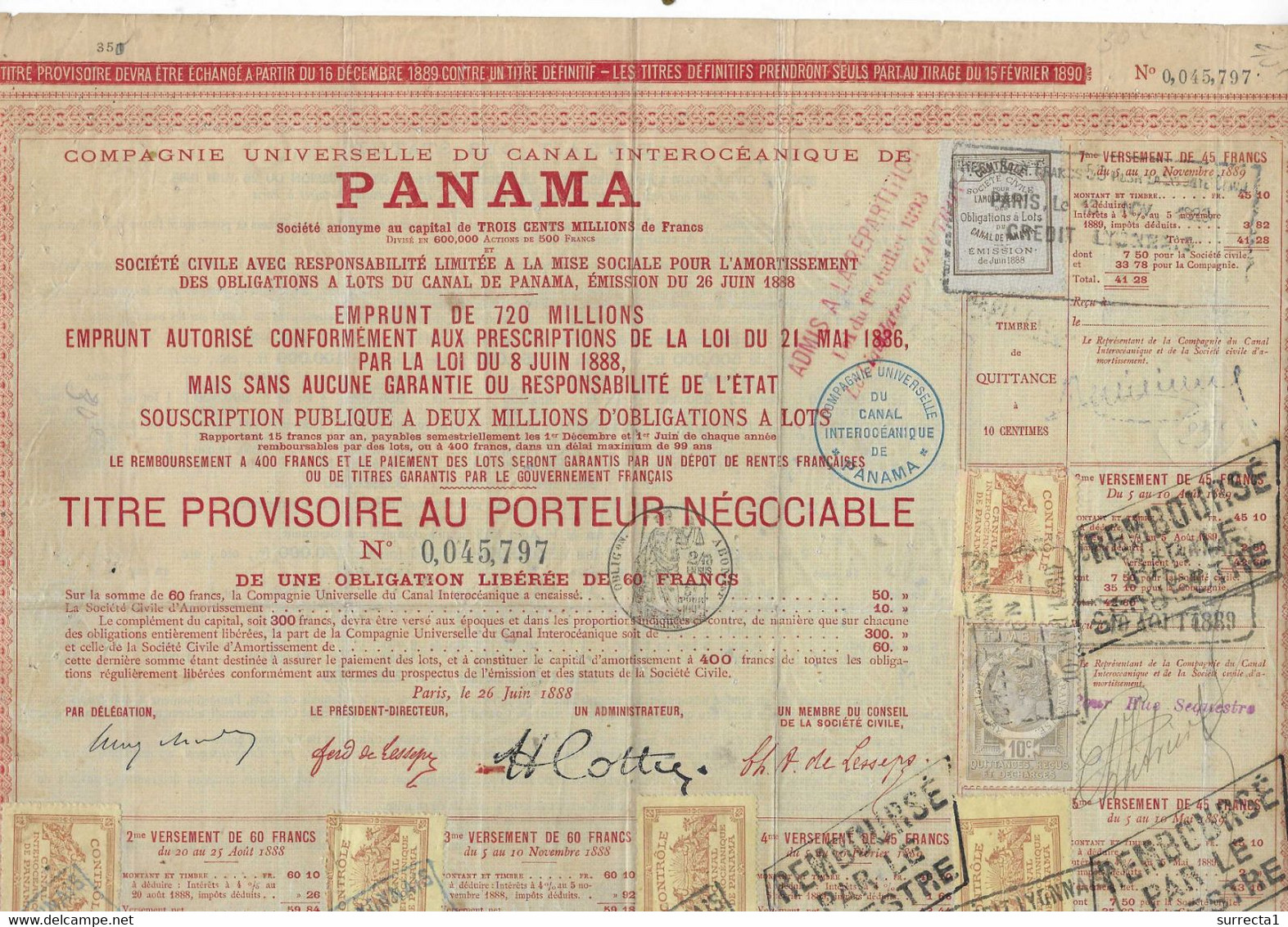 1888 Belle Action Panama / Canal Interocéanique / Fiscaux / Bon état. - Navegación