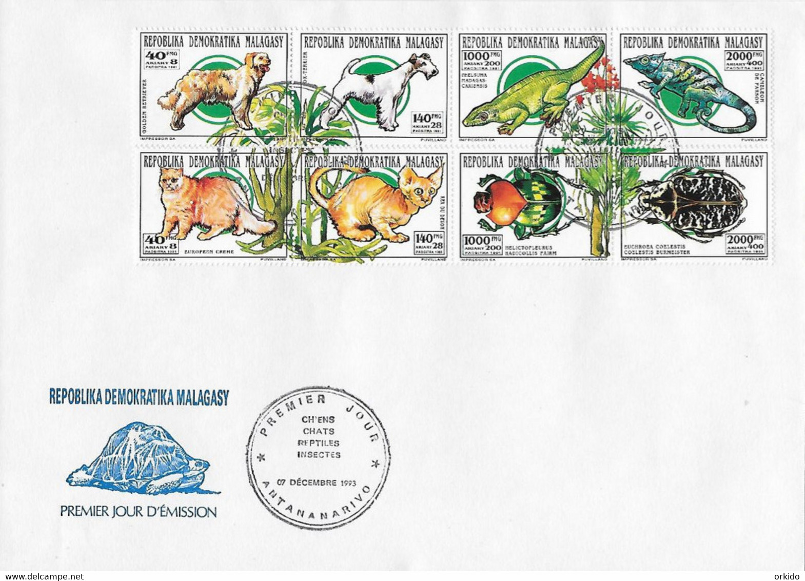 Madagascar FDC 1993 Chat ,chien , Reptile , Orchidée - Orchids