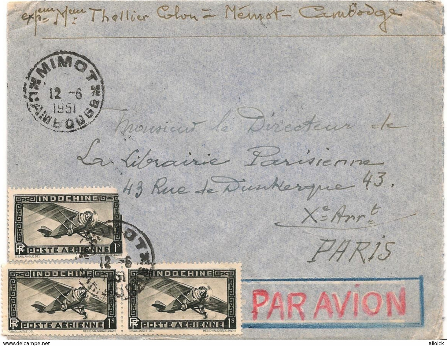 Lettre De Mimot Ou Mémot (Cambodge)  Le 12-6-51 Avec 3 X PA11   Pour Paris Via  KOMPONGOHAM Le 14-6-51 - Brieven En Documenten